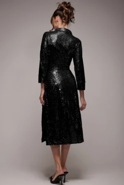 Sequin Skater Shirt Dress - Black by Goddiva