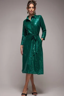Sequin Skater Shirt Dress - Emerald Green by Goddiva