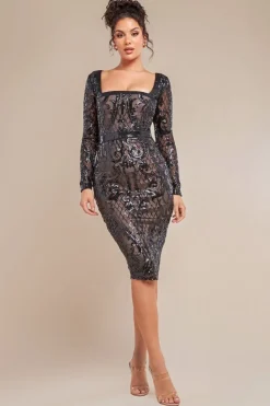 Sequin Square Neck Bodycon Midi Dress With Scalloped Hem - Black by Goddiva