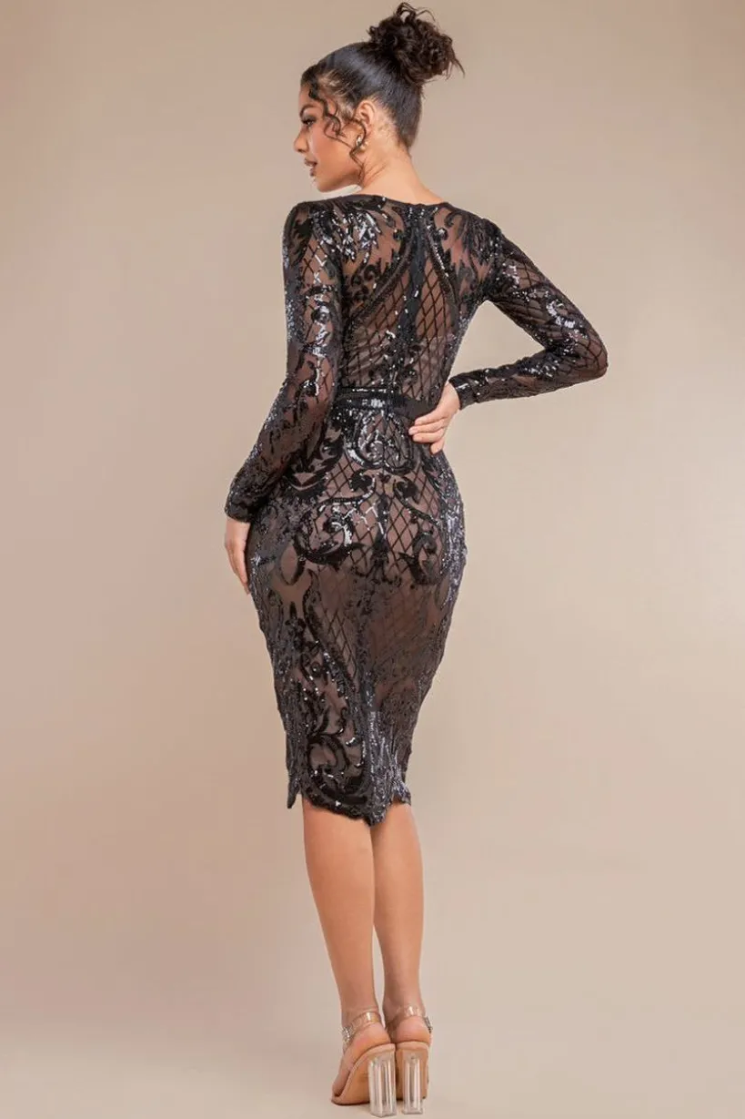 Sequin Square Neck Bodycon Midi Dress With Scalloped Hem - Black by Goddiva