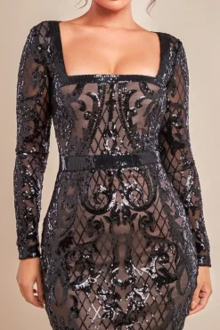 Sequin Square Neck Bodycon Midi Dress With Scalloped Hem - Black by Goddiva