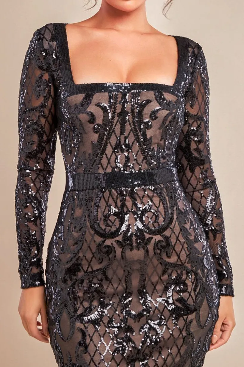 Sequin Square Neck Bodycon Midi Dress With Scalloped Hem - Black by Goddiva