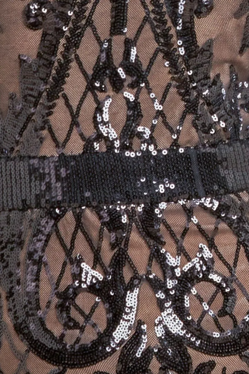 Sequin Square Neck Bodycon Midi Dress With Scalloped Hem - Black by Goddiva