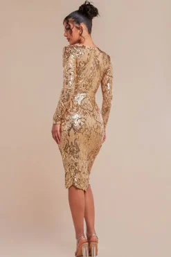 Sequin Square Neck Bodycon Midi Dress With Scalloped Hem - Gold by Goddiva