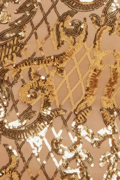 Sequin Square Neck Bodycon Midi Dress With Scalloped Hem - Gold by Goddiva