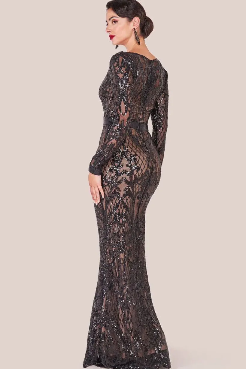 Sequin Square Neck Maxi With Scallop Hem - Black by Goddiva