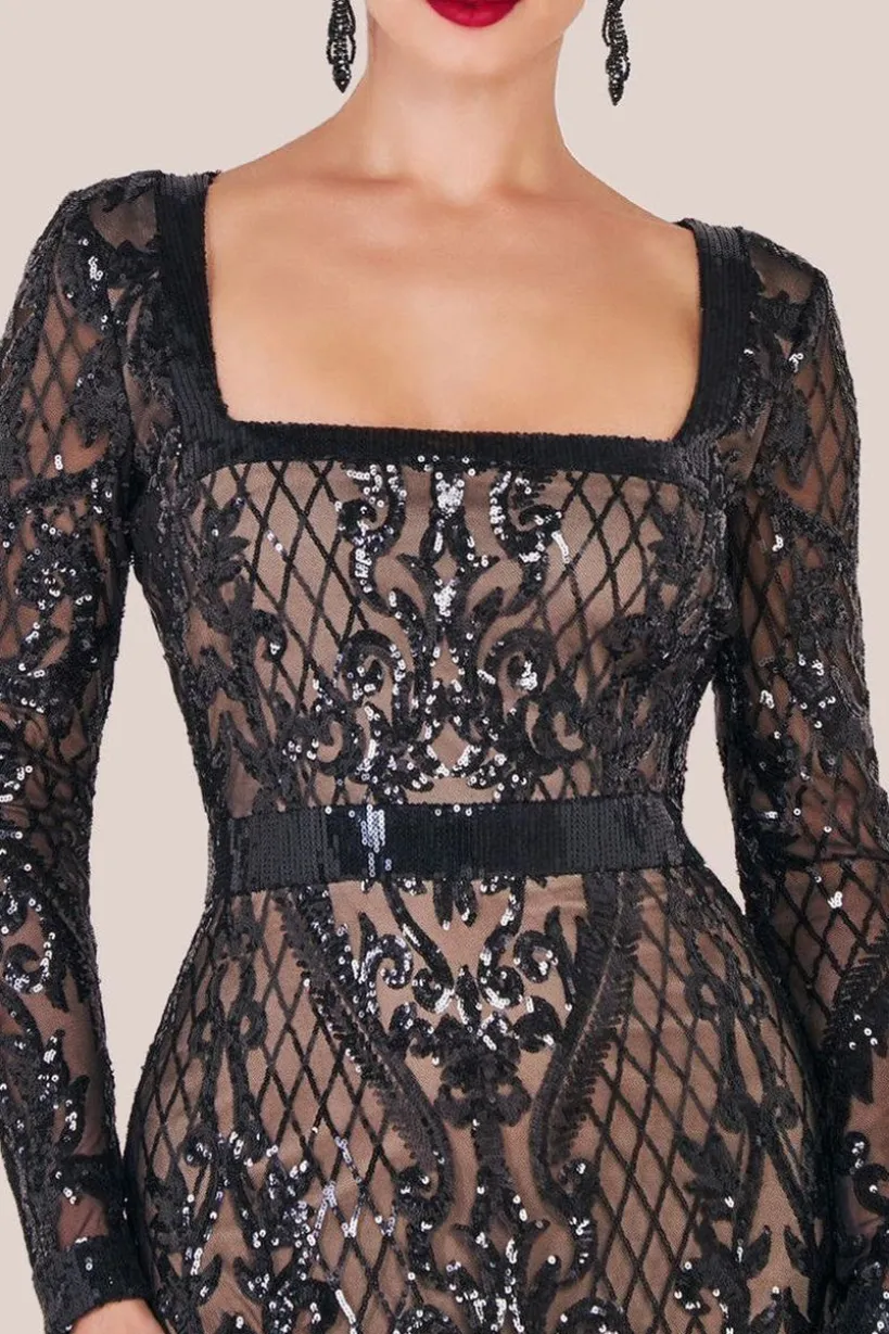 Sequin Square Neck Maxi With Scallop Hem - Black by Goddiva