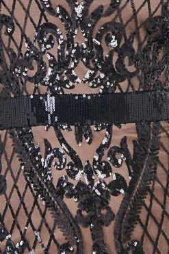 Sequin Square Neck Maxi With Scallop Hem - Black by Goddiva