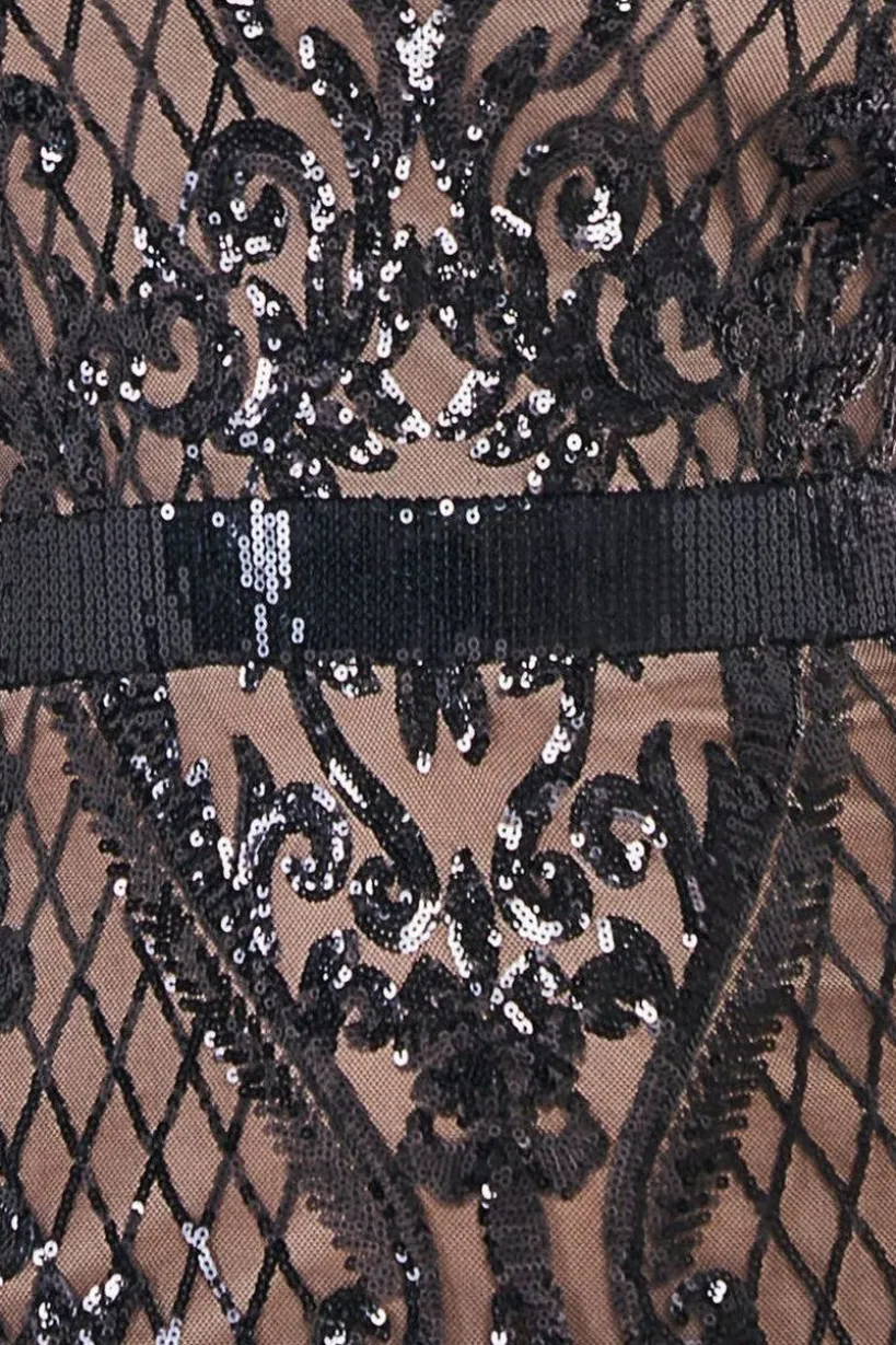 Sequin Square Neck Maxi With Scallop Hem - Black by Goddiva