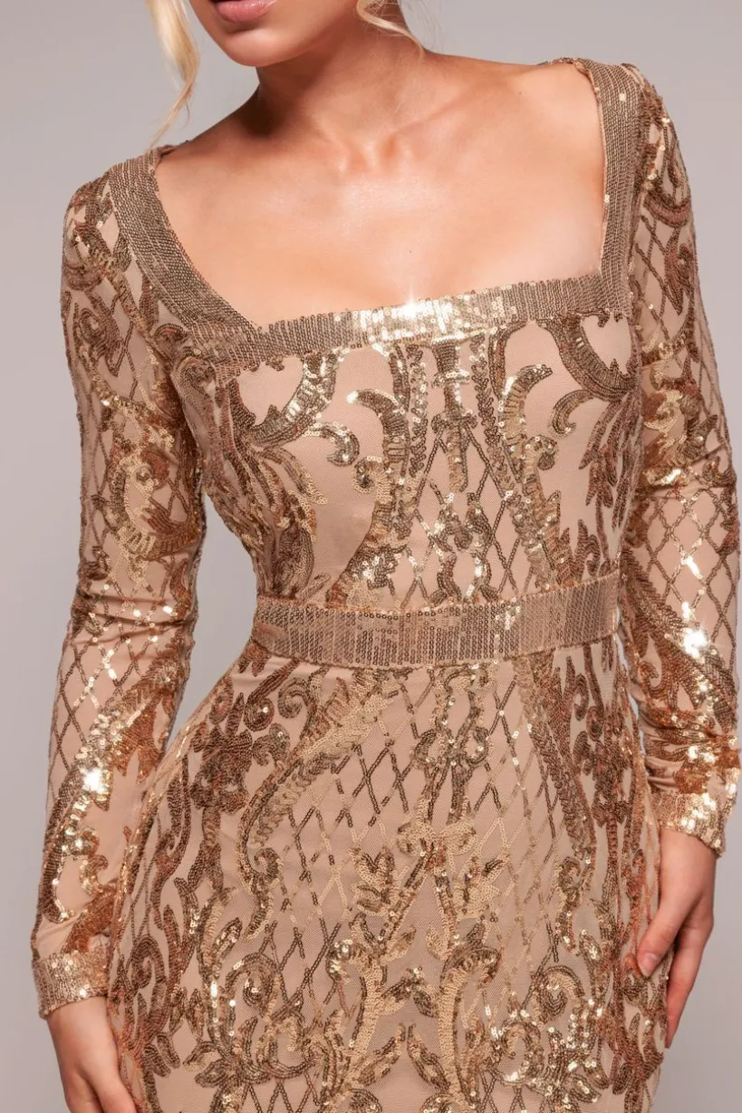 Sequin Square Neck Maxi With Scallop Hem - Gold by Goddiva