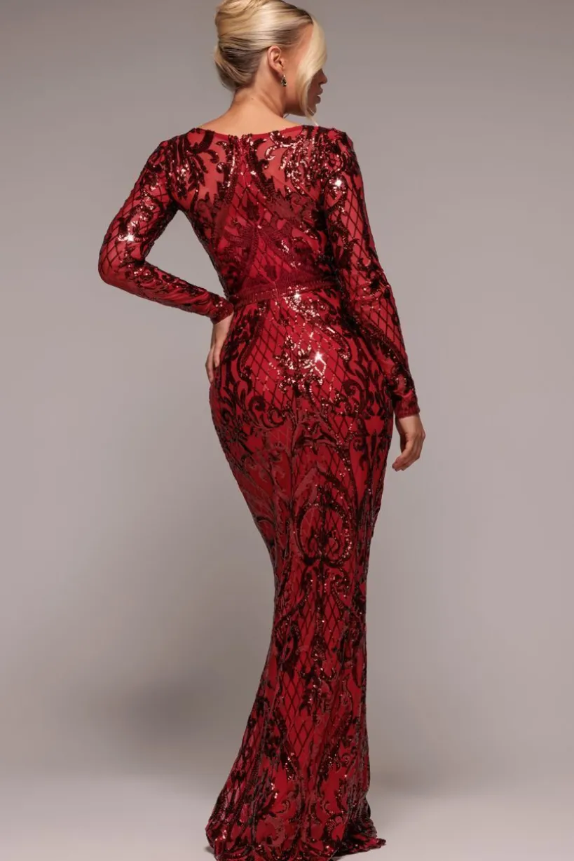Sequin Square Neck Maxi With Scallop Hem - Red by Goddiva