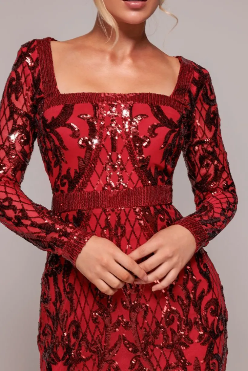 Sequin Square Neck Maxi With Scallop Hem - Red by Goddiva