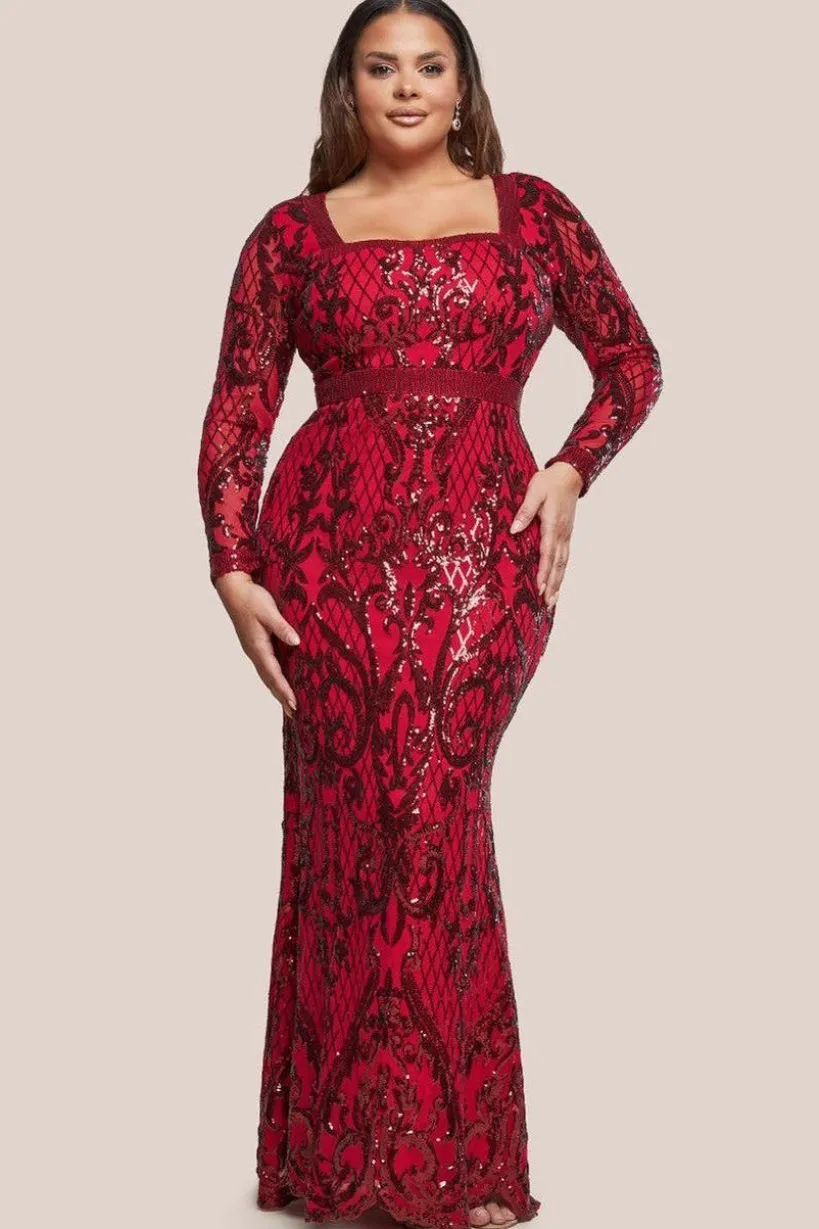 Sequin Square Neck Maxi With Scallop Hem - Red by Goddiva Plus