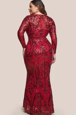Sequin Square Neck Maxi With Scallop Hem - Red by Goddiva Plus
