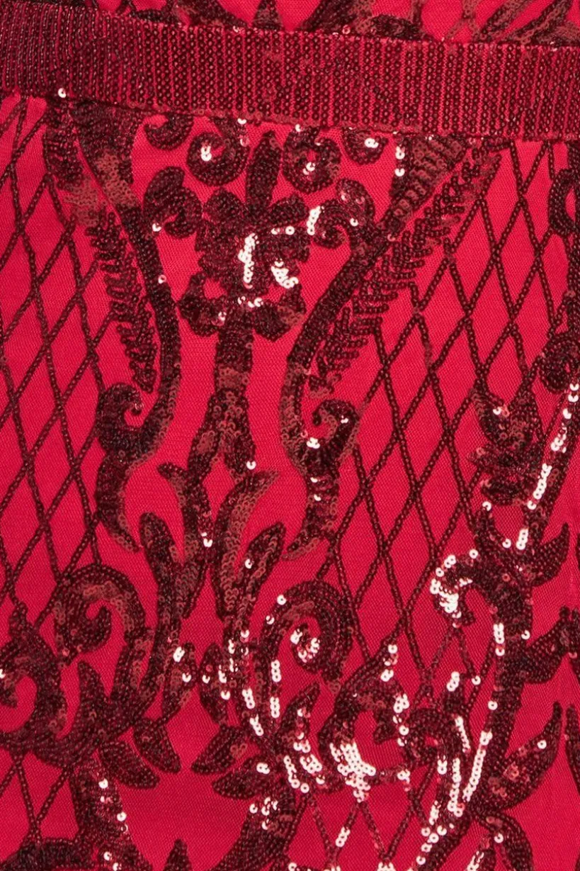 Sequin Square Neck Maxi With Scallop Hem - Red by Goddiva Plus