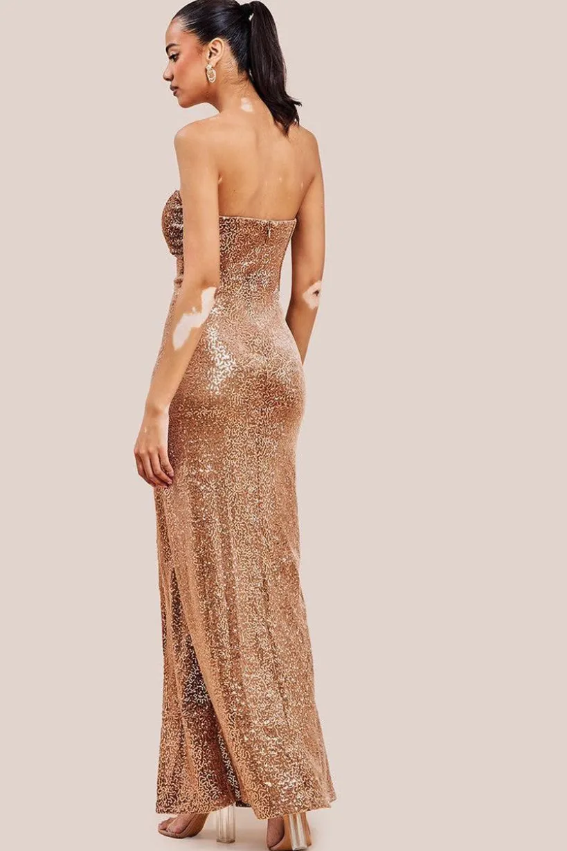 Sequin Velvet Bandeau Maxi Dress - Champagne by Goddiva