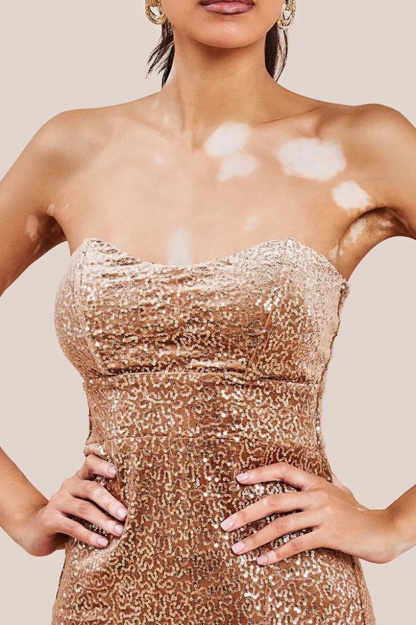 Sequin Velvet Bandeau Maxi Dress - Champagne by Goddiva