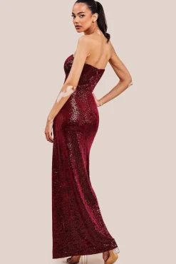 Sequin Velvet Bandeau Maxi Dress - Wine by Goddiva