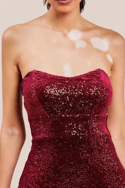 Sequin Velvet Bandeau Maxi Dress - Wine by Goddiva