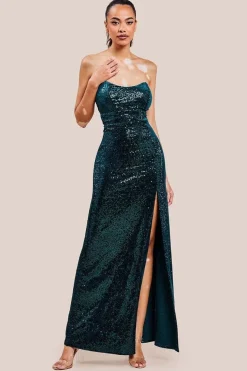Sequin Velvet Bandeau Maxi Dress - Emerald Green by Goddiva