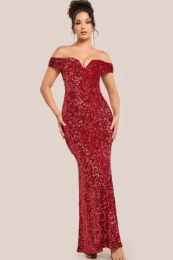 Sequin Velvet Bardot Evening Maxi Dress - Red by Goddiva