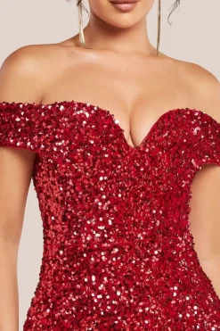 Sequin Velvet Bardot Evening Maxi Dress - Red by Goddiva