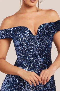 Sequin Velvet Bardot Evening Maxi Dress - Midnight Blue by Goddiva