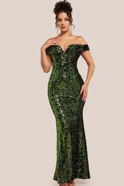 Sequin Velvet Bardot Evening Maxi Dress - Olive Green by Goddiva