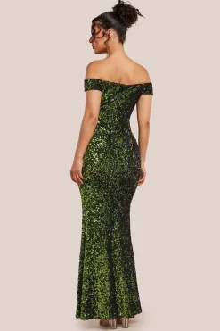Sequin Velvet Bardot Evening Maxi Dress - Olive Green by Goddiva