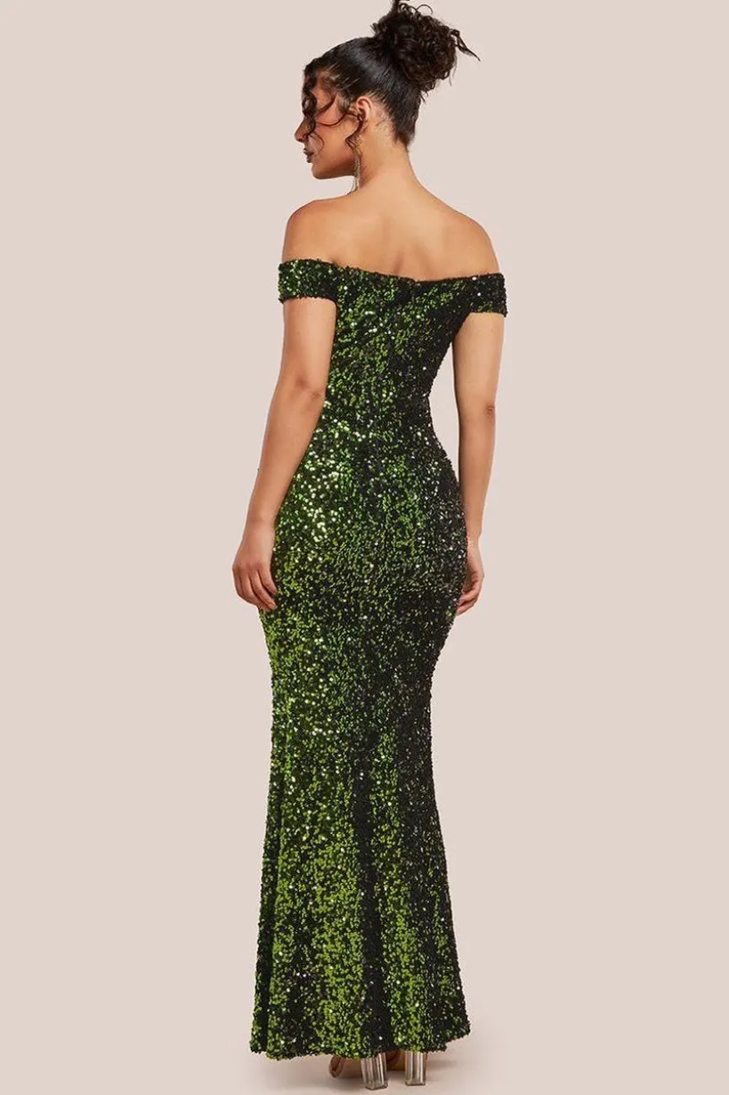 Sequin Velvet Bardot Evening Maxi Dress - Olive Green by Goddiva
