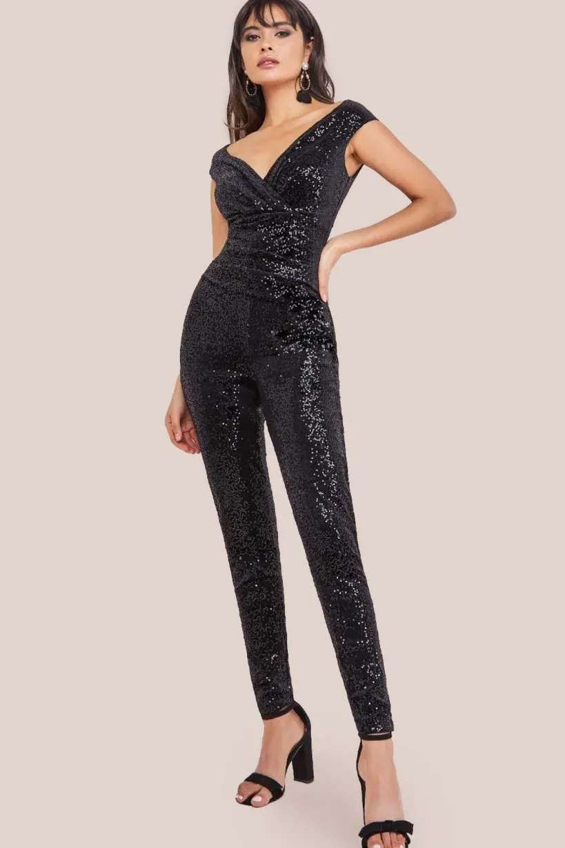 Sequin Velvet Bardot Jumpsuit - Black by Goddiva