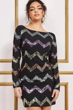 Sequin Zig Zag Shift Mini Dress - Black by Goddiva