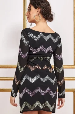 Sequin Zig Zag Shift Mini Dress - Black by Goddiva