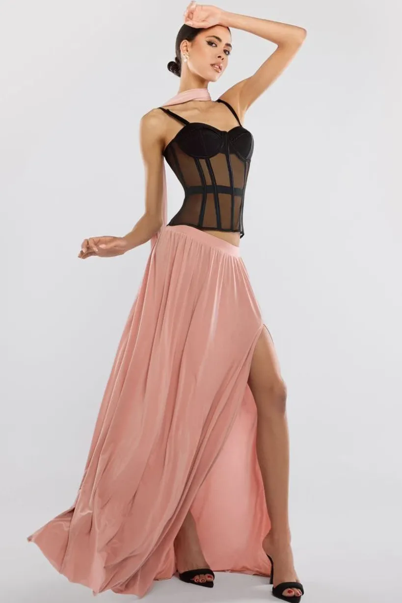 Sheer Panel Mesh Corset & Side Split Jersey Maxi Skirt & Scarf Black & Blush Pink by Goddiva
