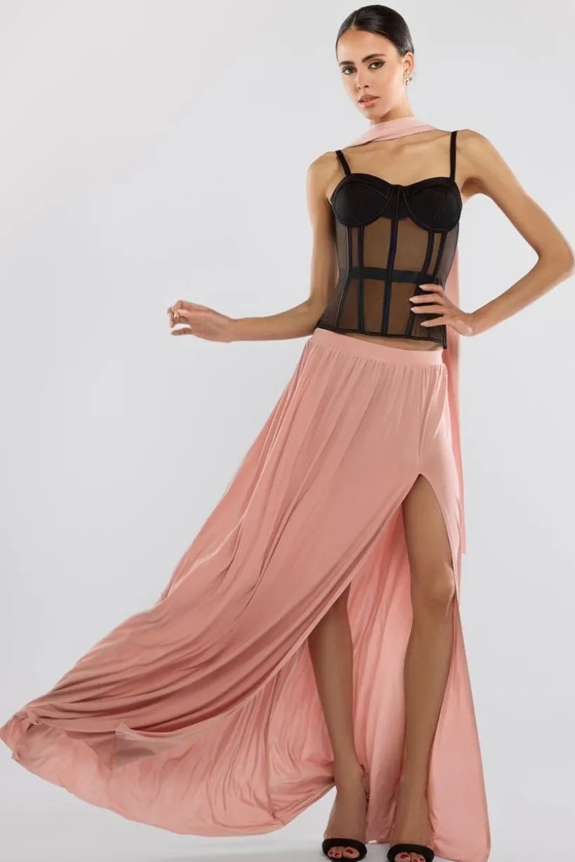 Sheer Panel Mesh Corset & Side Split Jersey Maxi Skirt & Scarf Black & Blush Pink by Goddiva