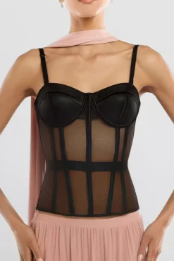Sheer Panel Mesh Corset & Side Split Jersey Maxi Skirt & Scarf Black & Blush Pink by Goddiva