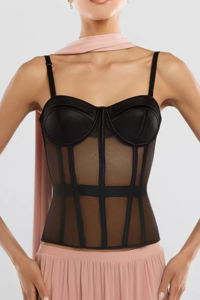 Sheer Panel Mesh Corset & Side Split Jersey Maxi Skirt & Scarf Black & Blush Pink by Goddiva