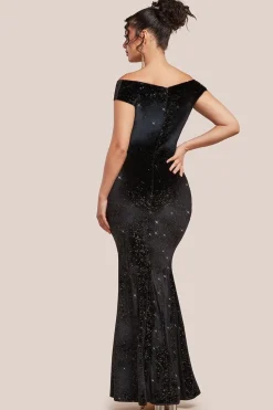 Shimmer Velvet Bardot Maxi Dress - Black Gold by Goddiva