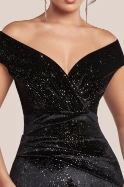 Shimmer Velvet Bardot Maxi Dress - Black Gold by Goddiva