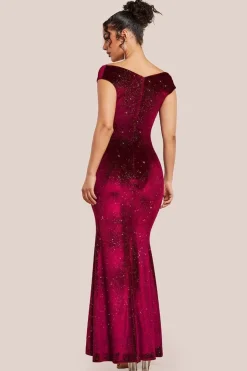 Shimmer Velvet Bardot Maxi Dress - Wine by Goddiva