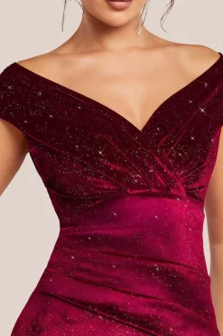 Shimmer Velvet Bardot Maxi Dress - Wine by Goddiva