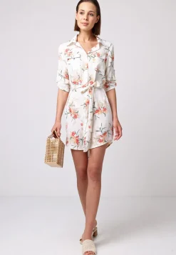 Shirt Dress With 3/4 Sleeve And Tie Belt In White Floral by Angeleye