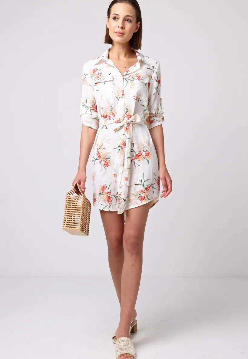 Shirt Dress With 3/4 Sleeve And Tie Belt In White Floral by Angeleye