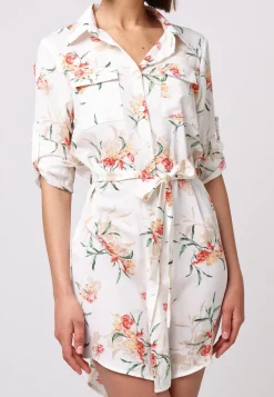 Shirt Dress With 3/4 Sleeve And Tie Belt In White Floral by Angeleye