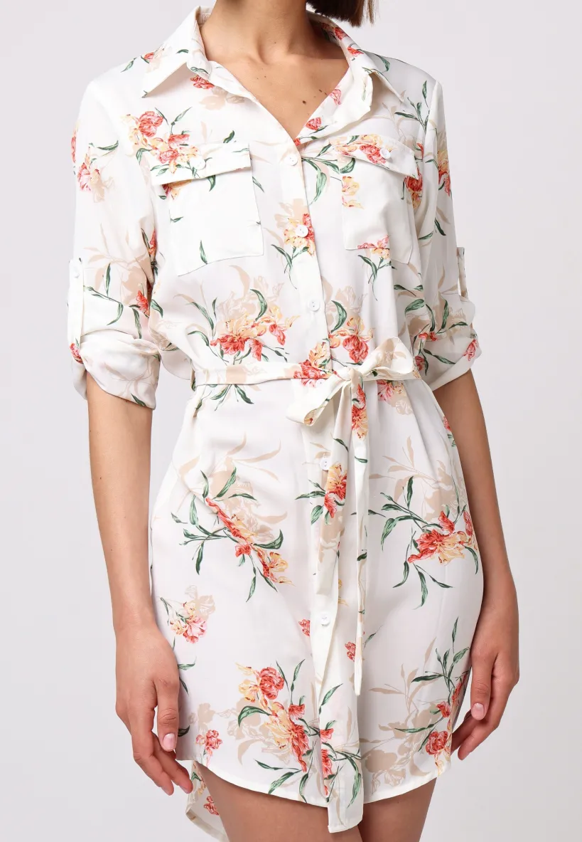 Shirt Dress With 3/4 Sleeve And Tie Belt In White Floral by Angeleye