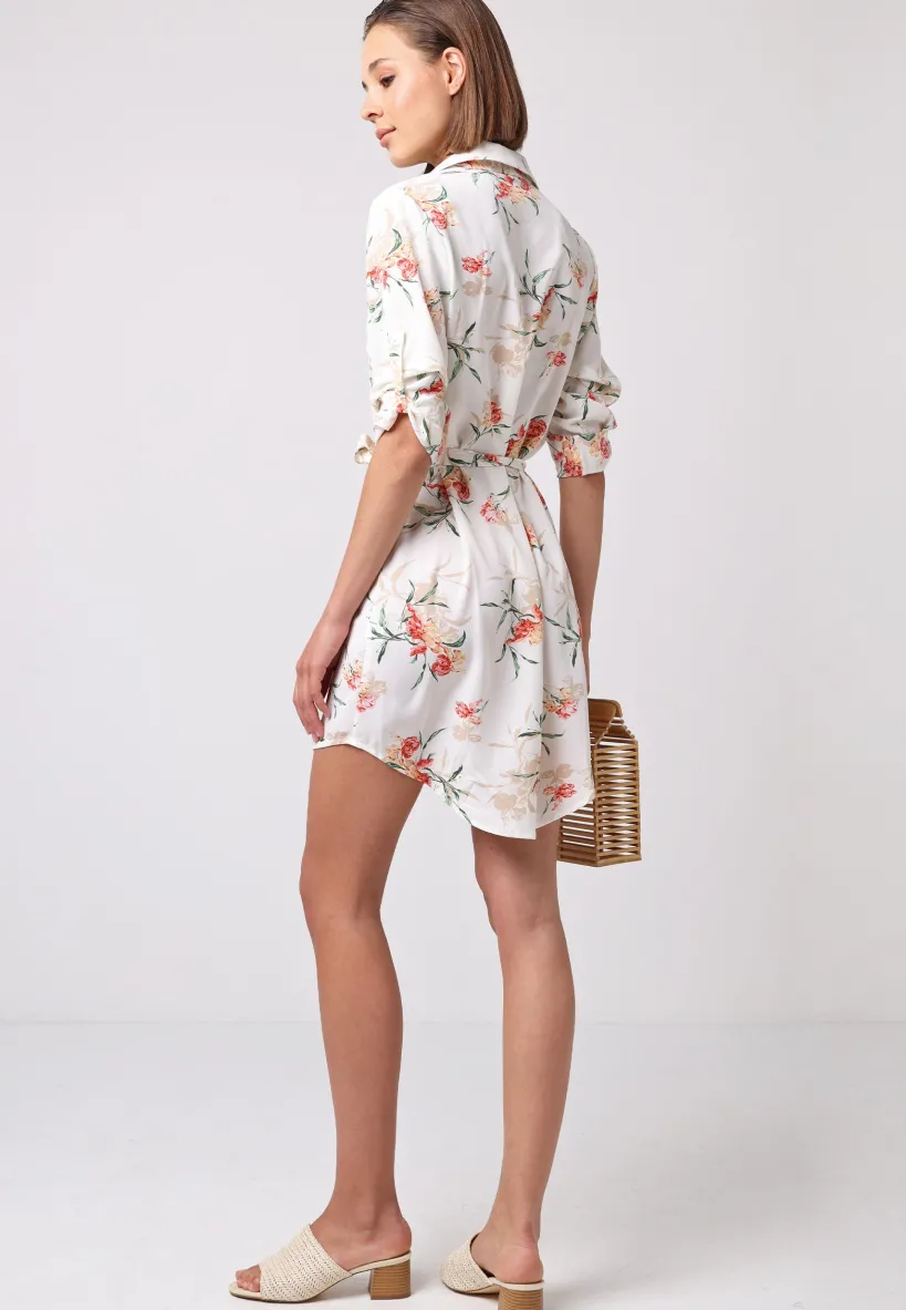 Shirt Dress With 3/4 Sleeve And Tie Belt In White Floral by Angeleye
