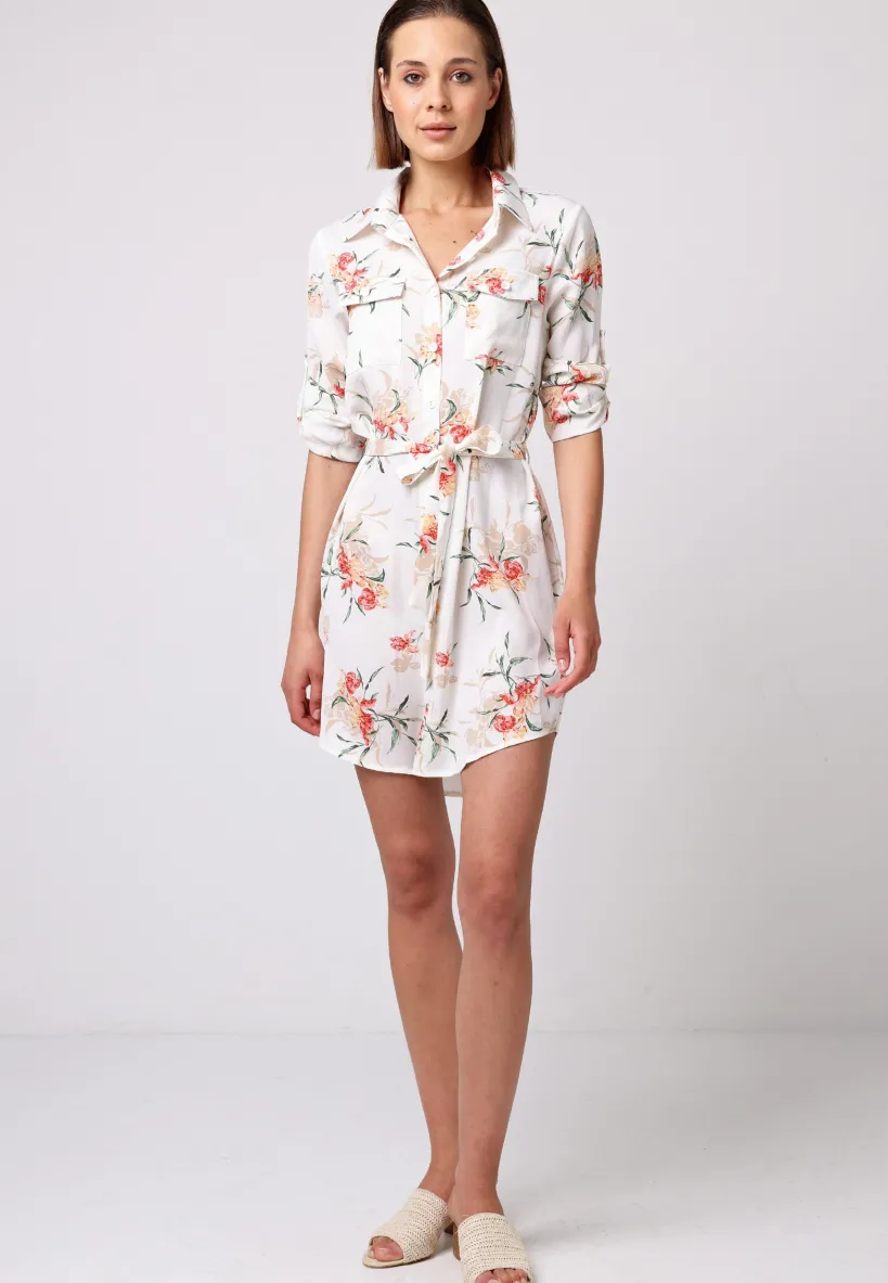 Shirt Dress With 3/4 Sleeve And Tie Belt In White Floral by Angeleye