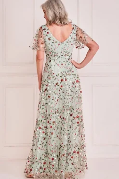 Short Sleeve Embroidered Floral Maxi - Sage Green by Goddiva