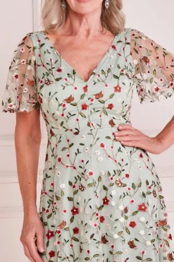 Short Sleeve Embroidered Floral Maxi - Sage Green by Goddiva