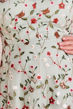 Short Sleeve Embroidered Floral Maxi - Sage Green by Goddiva